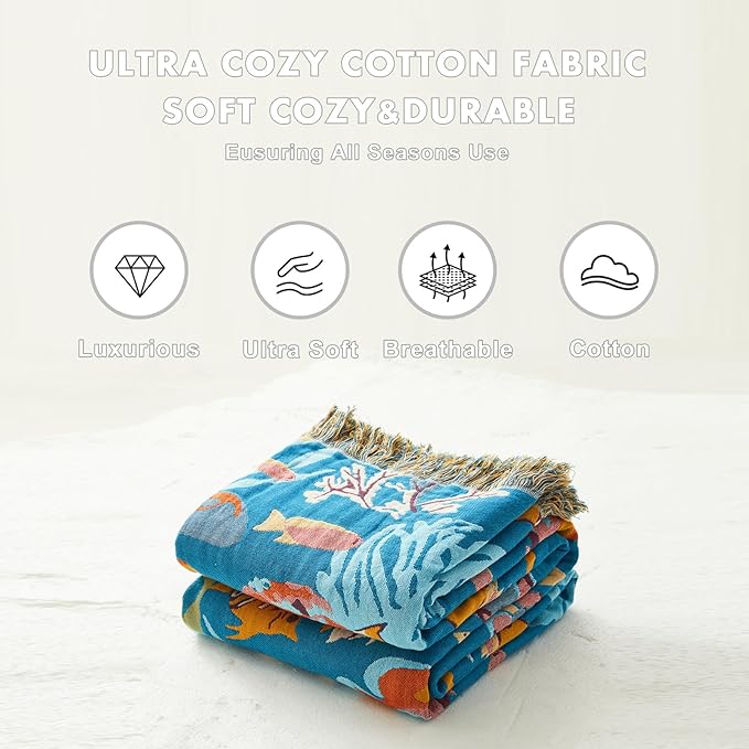 MSGKV Throw Blanket for Couch Bed Cotton Muslin Breathable Cute Ocean Animals Twin Size Blanket 60"x80" for All Seasons Lightweight Farmhouse Blankets
