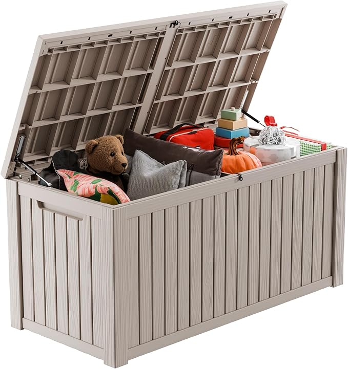 180 Gallon Resin Deck Box, Lockable Patio Outdoor Storage Box for Furniture, Garden Tools and Tools Storage, Waterproof Outside Storage Boxes - Grey