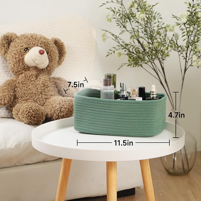 Small Storage Baskets for Organizing | Closet Organizer Bins | Shelf Toy Basket | Woven Rope Baskets | Cube Decorative Box | Shallow Basket | 11.5x7.5x4.7” | 3 Packs Green