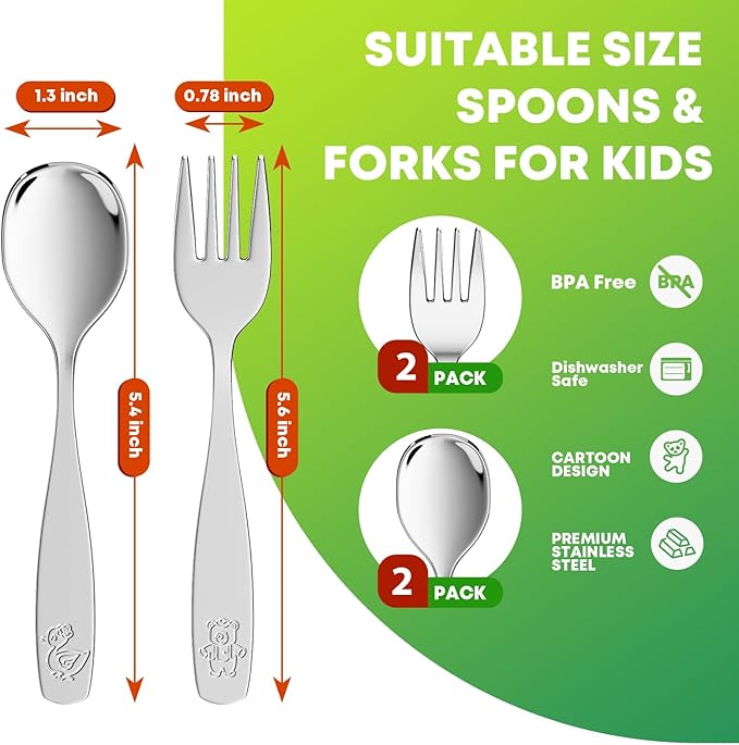 Toddler Utensils 4 Set, Kids Stainless Steel Silverware Set - 2pcs Forks and 2pcs Spoon, Cute Children Flatware Sets with Mirror Polished, Self Feeding Safe, Dishwasher Safe