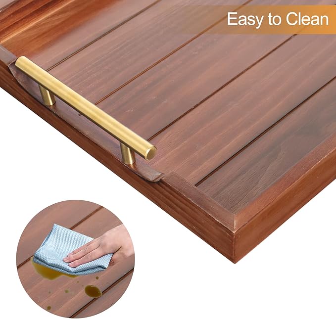 Coffee Table Tray - Large Ottoman Trays for Living Rooms - Wood Serving Tray with Handles(2 Sets) - Wooden Tray for Coffee Table, 4 Round Coasters Included, Dark Brown