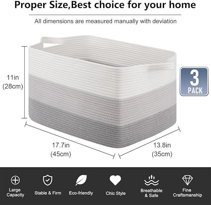 OIAHOMY Rectangle Woven Storage Basket - Nursery Cotton Rope Baskets for Storage, Toy Basket Organizing for Living Room, 17.7"x13.8"x11"- Pack of 3 - Gradient Gray