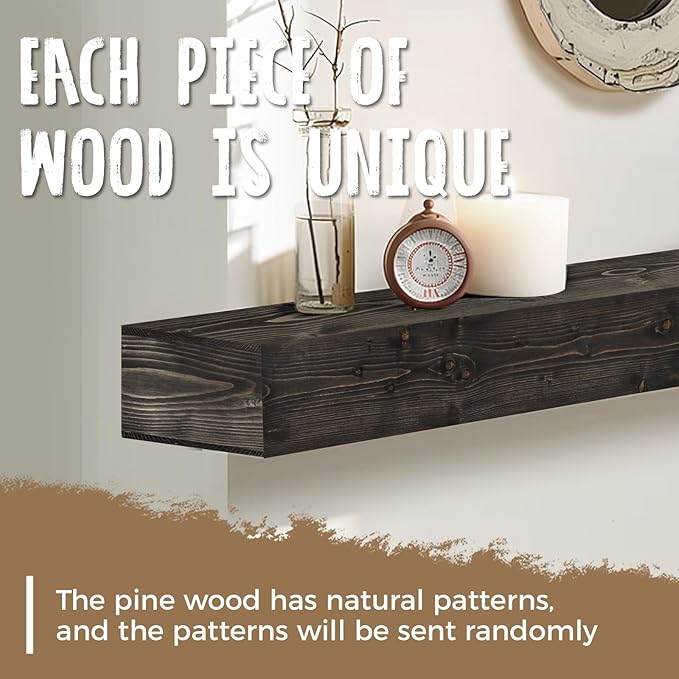 60x8x3 Fireplace Mantel - Handcrafted Hollow Rustic Solid Wood Wall Mounted Floating Shelf with Invisible Heavy Duty Wood Bracket (Weathered Black)