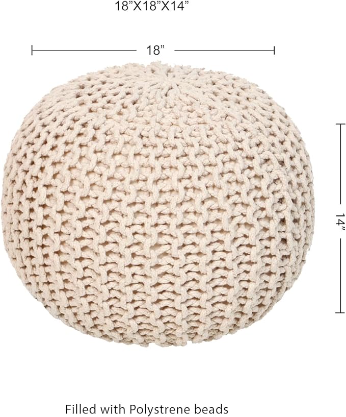 REDEARTH Round Pouf Ottoman - Cable Knitted Boho Poof - Home Décor Cord Pouffe Handmade Circular Footrest for Living Room - Bedroom - Kids Bedroom - 100% Cotton Pouf (18" x 18" x 14") - Ivory