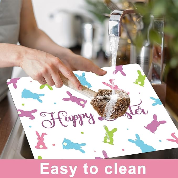 Easter Placemats Set of 6 Easter Rabbit Eggs Plastic Table Mats Easter Bunny Rabbit Place Mats Rustic Vintage Spring Seasonal Table Decoration for Indoor Outdoor Party Kitchen Dining Table