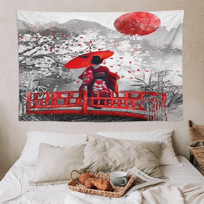 Japanese Red Geisha Tapestry Asian Cherry Blossom Red Sun Traditional Kimono Folk Tapestries Home Decor for Living Room Bedroom Apartment Farmhouse Dorm 90"x60"