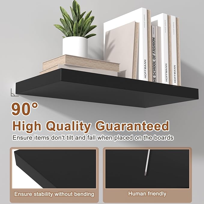 48 Inch Floating Shelf 1 Pack Large Floating Shelves for Wall No Drilling Accessories Included Deep Wall Shelves for Living Room Kitchen Farmhouse 48" W x 12" D x 1.2" Black