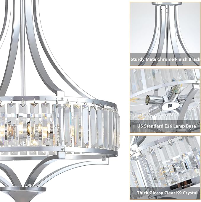 Modern Chrome Crystal Chandelier, 20 Inch Large Ceiling Pendant Light Fixture with 50'' Adjustable Hanging Chain, 5-Light Farmhouse Chandelier for Dining Room, Living Room, Bedroom, Entryway