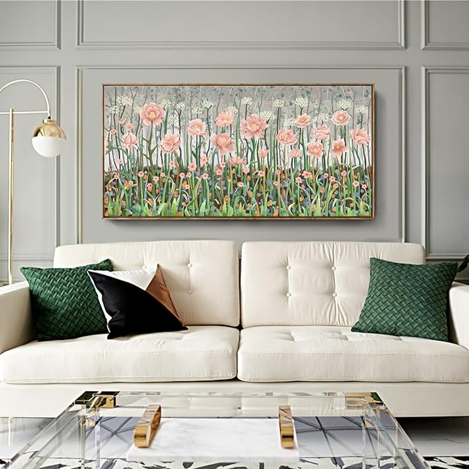 amatop Framed Large Floral Wall Art Modern Botanical Canvas Print Flower Field Wall Decor Abstract Landscape Picture Blooming Flower Forest Pink Green Artwork for Living Room Bedroom Office 48x24 in