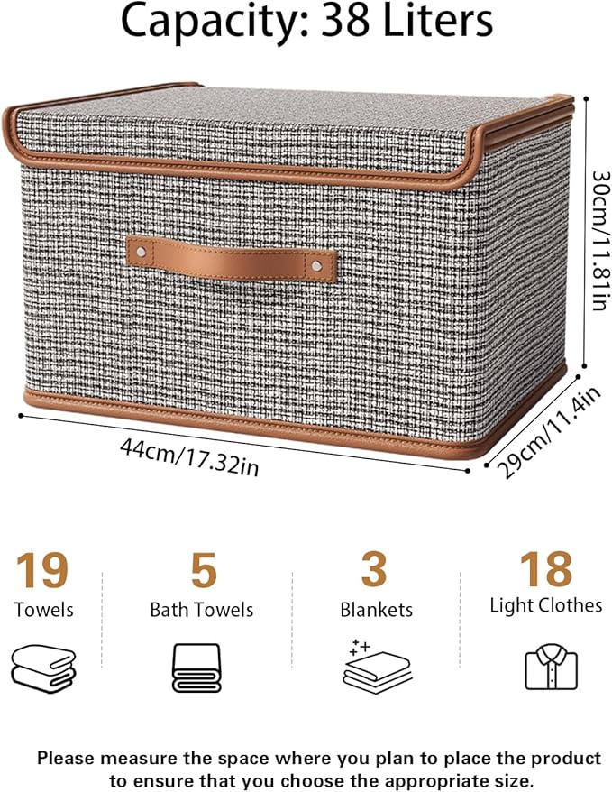 Tuza 2 Pack Storage Bins with Lids, Collapsible Closet Organizer Container, Fabric Organizer Box with Handles, Decorative Storage Boxes with Lids for Organizing Clothes, Books, Light Grey, Large