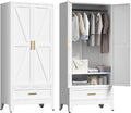 71'' Farmhouse Metal Wardrobe Cabinet with Hanging Rod, 2 Barn Door Wardrobe Closet with Adjustable Shelves,Drawer,for Dining Room,Bedroom,Living Room, Cloak Room,Office (White)