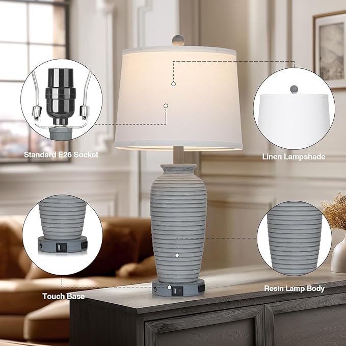 25" Farmhouse Jar Table Lamp Set of 2 Vintage Rustic Lamps for Living Room, Resin Bedside Nightstand Lamps with Linen Lampshades, Retro Pot Lamp for Living Room, Bedroom(LED Bulbs Included)