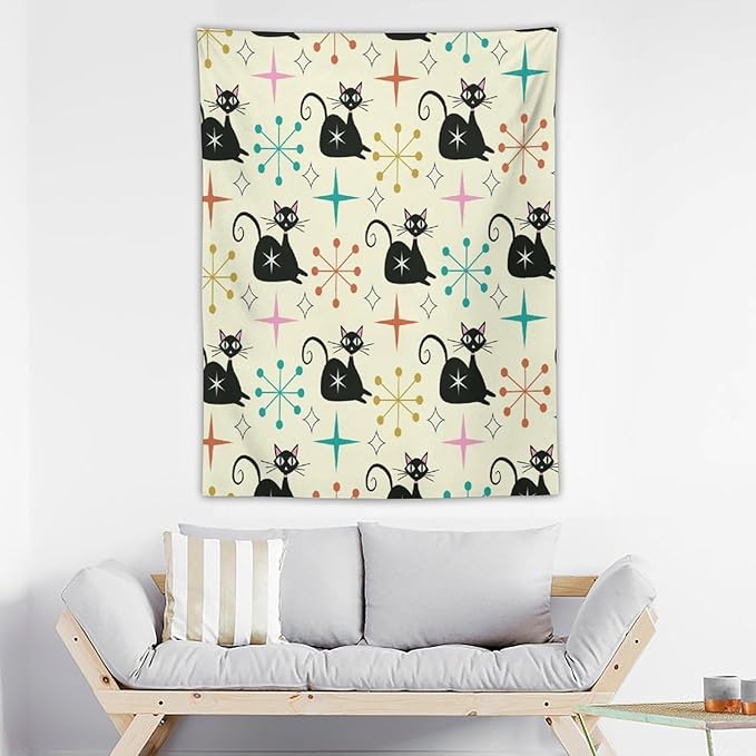 ICMOLYYENLO Abstract Cat Tapestry, Medieval Abstract Atomic Star Cat Vintage Home Wall Hanging Art Tapestry for Bedroom Living Room Dormitory 60x80 Inch