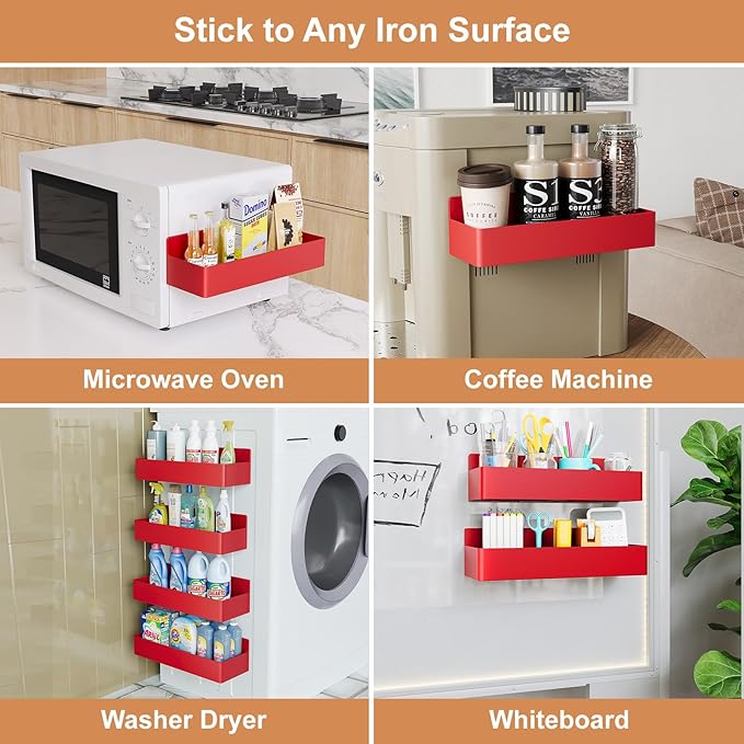Magnetic Spice Rack for Refrigerator, Kitchen Organizer and Storage Shelf, Red (4 Pack)…
