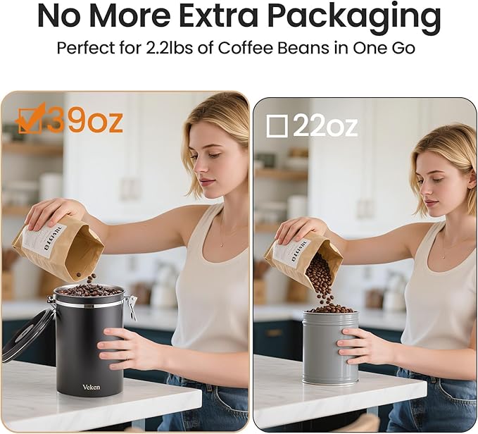 Veken Coffee Canister, 39OZ Large, Airtight Stainless Steel Food Storage Container for 2.2lbs Coffee Beans, Ground, Sugar, Tea, Flour, Rice, Cereal, Cookies Jars, Bar Accessories & Gifts, Black