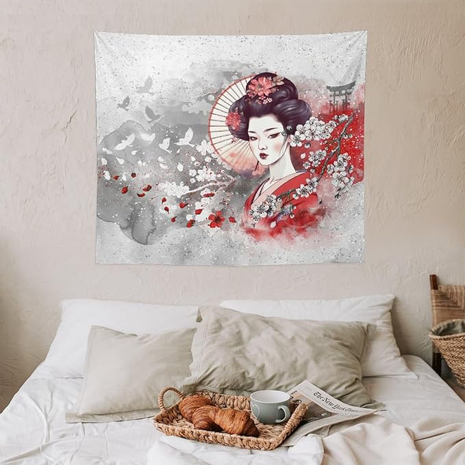 Japanese Geisha Tapestry Asian Red Cherry Blossom Traditional Kimono Folk Tapestries Home Decor for Living Room Bedroom Apartment Farmhouse Dorm 60"x50"