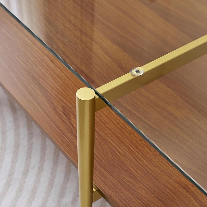 X-Large Rectangle Glass Coffee Table, Mid-Century Modern Design, for Living Room, L47 x W24 x H17 Inch, Clear Glass Top and Walnut MDF Shelf, Sleek Conical Legs with Gold Finish Frame