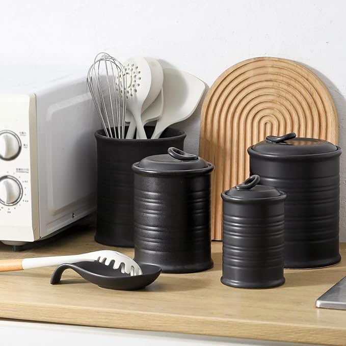 Nihow Food Storage Jar Sets: Ceramic Container with Air Tight Lid for Flour/Sugar/Rice/Coffee/Cookies/Candy - Seal Damp-proof Canister for The Kitchen - Set of 3 （Matte Black）