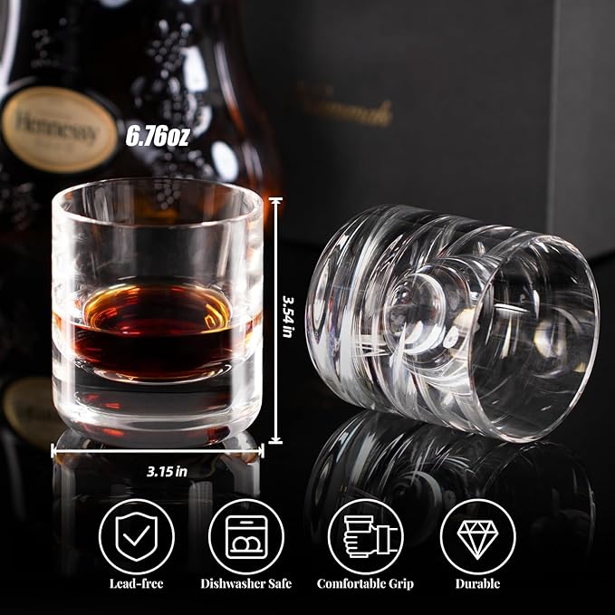 KAMMAK Crystal Whiskey Glasses Set of 2, 6.76oz Old Fashioned Glasses Stemless, Hand Blown White Cocktail Glasses, Engagement Gifts for Couples, Women, Men