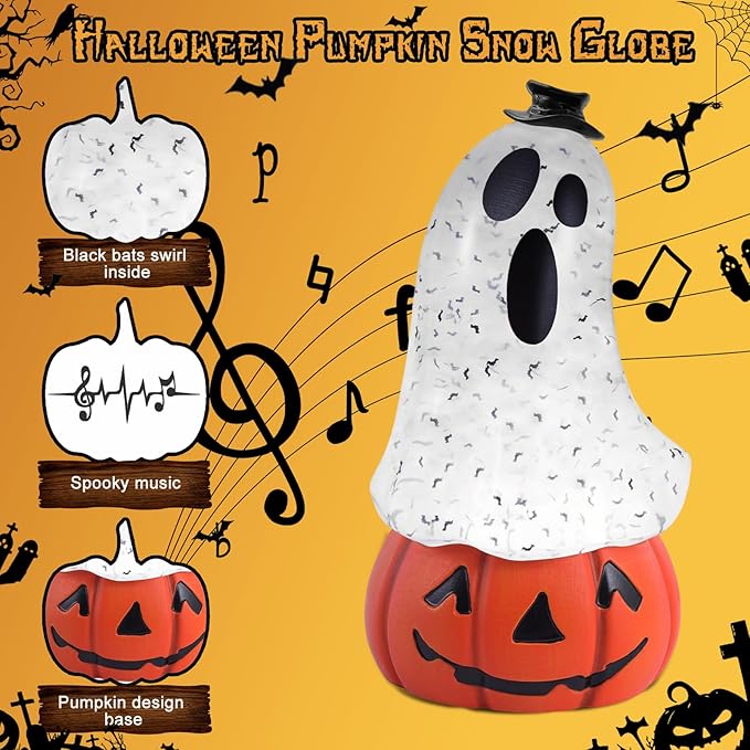 Halloween Snow Globe Lantern Spooky Glost and Pumpkin Halloween Snow Globes Musical Water Glitter Globe with 6H Timer Battery Operated or USB Powered for Spooky Home Decorations (Ghost and Pumpkin)