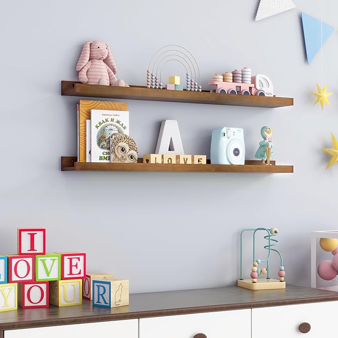 Picture Ledge Wall Shelves 36 inch Width Set of 2, Solid Pine Wood Rustic Floating Ledge Shelves for Wall for Kids' Room Bedroom Kitchen Bathroom Living Room Nursery Display Wall Decor, Walnut