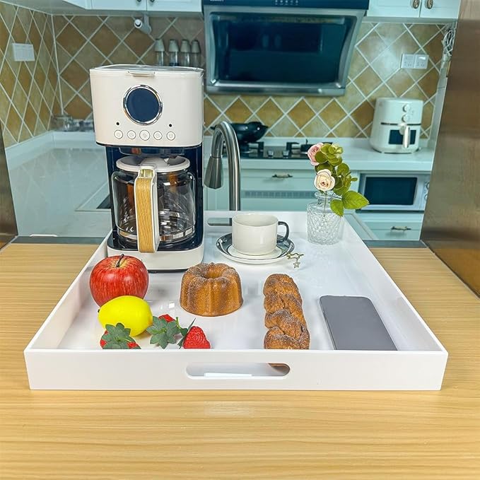 White Rectangular 18x20 Inches Acrylic Ottoman Tray Decorative Serving Tray with Cutout Handles Organizer Tray on Coffee Table Countertop Big Breakfast Bed Tray Living Room Appetizer Serving Food