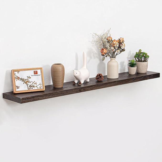 Fun Memories Wood Floating Shelves for Wall, 48 Inch Floating Shelves Wall Mounted, Rustic Elm Wood Shelf for Home Decor, Heavy-Duty Storage Shelves for Living Room, Bathroom, Kitchen, Walnut Finish