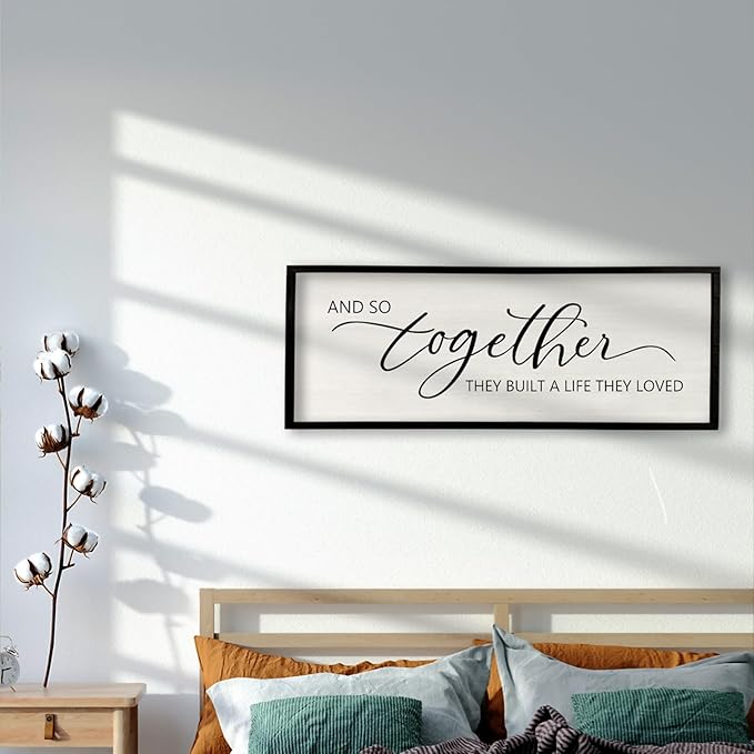 And So Together They Built A Life They Loved Framed Wood Farmhouse Sign - 32'X12' Master Bedroom Above Bed Wall Art for Love Sign Decor (Black)