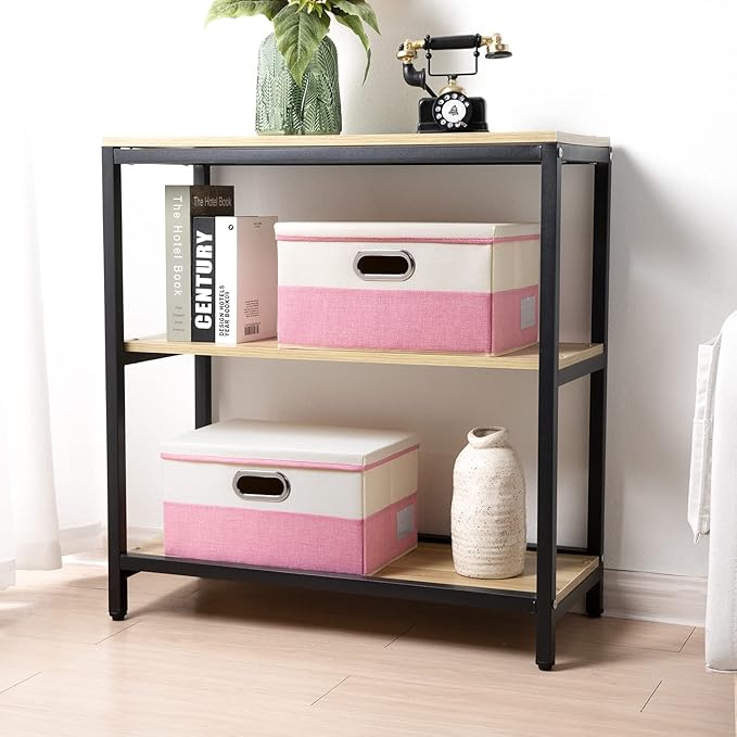 PRANDOM Collapsible Storage Bin with Lid [3-Pack] Fabric Foldable Storage Box Organizer Container Basket Cube with Cover for Home Bedroom Closet Office Nursery Pink&Cream(14.9x9.8x9.8)