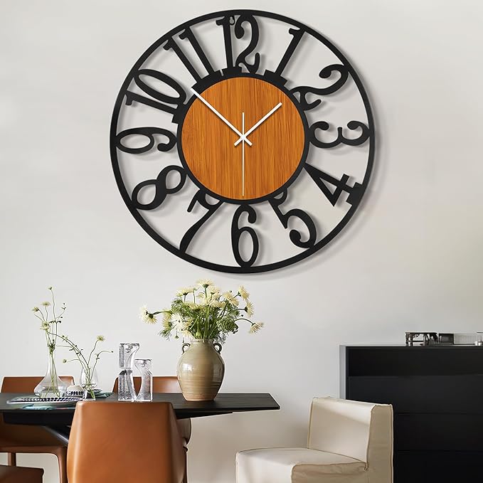LEIKE 32" Oversized Large Wall Clocks,Silent,Non Ticking,Battery Operated Modern Round Big Wood Decorative Metal Wall Clock for Living Room, Bedroom,Kitchen,Farmhouse,Office Decor - Black,32 Inch