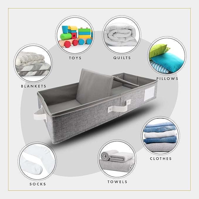 HOMELUX THEORY 2pc Under Bed Storage Containers, Bedroom Under the Bed Drawer Storage Organizer with Bins and Lids, Large Underbed Clothes Storage Box Ideal for Blanket, Fabric, & Shoes (LightGray)