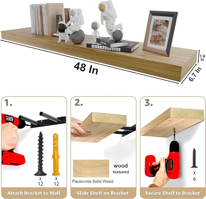 IAE Floating Wall Shelves 55 inch,Bathroom Shelves Wall Mounted,Invisible Shelves Floating Kitchen Shelves,Wooden Wall Shelves with Brackets for Living Room Wall Mounted,Easy Install,Set of 2,Natural