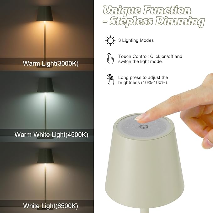 HASUN 2 Pack Cordless Table Lamp, Portable LED Desk Lamp, 5200mAh Battery Operated Lights, 3 Color Stepless Dimming Up, Night Light for Bedroom/Date/Bars/Cafe/Camping (Cream 2Pack)