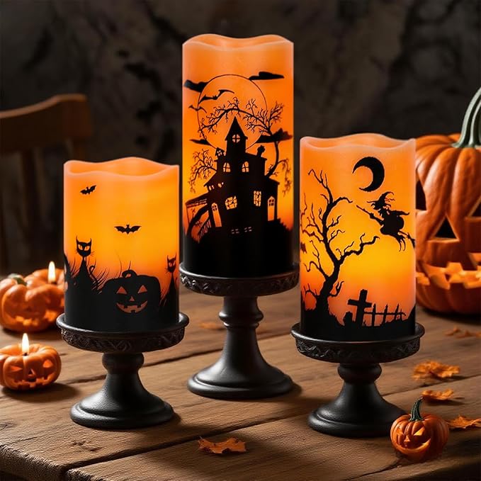 Wondise Halloween Rechargable Flickering Flameless Candles with 6H Timer, Battery Operated LED Real Wax Candles with Charging Base Set of 3 Halloween Home Decoration Gifts(3 x 4 5 6 Inch)