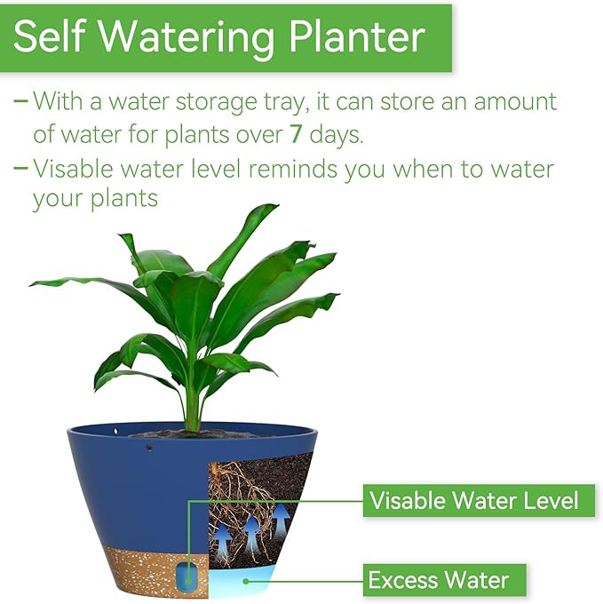 ZMTECH 8 Inch Hanging Planters for Indoor Plants, Hanging Baskets for Plants Outdoor with Visible Water Level, Hanging Flower Pots with Drainage Holes & Removable Tray(2 Pack, Blue)