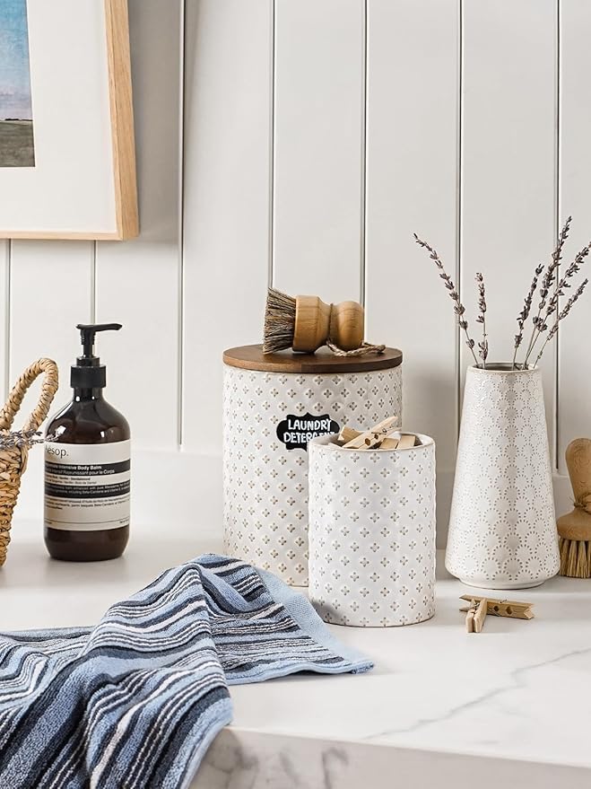 LE TAUCI Food Storage Containers with Airtight Lids, 78/25 oz Ceramic Sugar Canisters Sets, Embossed Large Jars for Pasta, Oats, Coffee Bean, Cookies, Rice, Grains, Tea - Set of 2, Clover