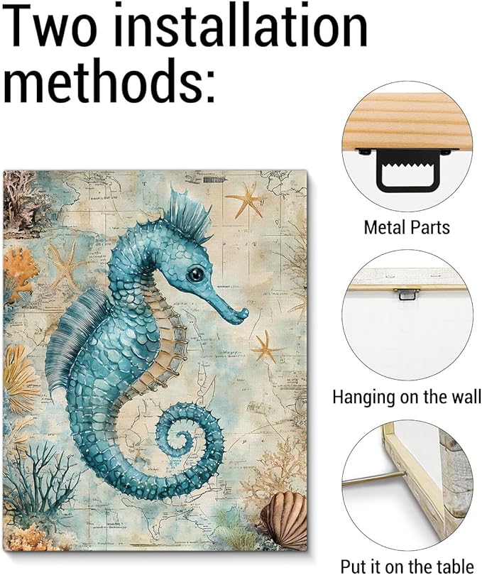 Nautical Seahorse Canvas Wall Art Sea Horse Ocean Theme Print Poster Coastal Framed Picture Painting for Home Beach House Bedroom Wall Decor 8x10 Inch