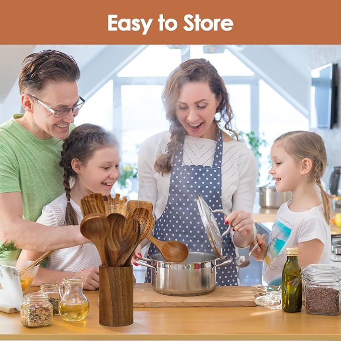 comfoyar Teak Wooden Spoons for Cooking, 7 Pieces Kitchen Cooking Utenails Set with Spatula and Ladle, Heat Resistant Kitchen Cookware for Nonstick Pan