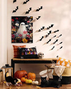 Halloween Canvas Wall Art,Vintage Cute Ghost & Wildflowers Framed Poster, Spooky Fall Decorations for Indoor, Gothic Dark Academia Wall Decor, Funny Halloween Decorations for Living Room Bedroom