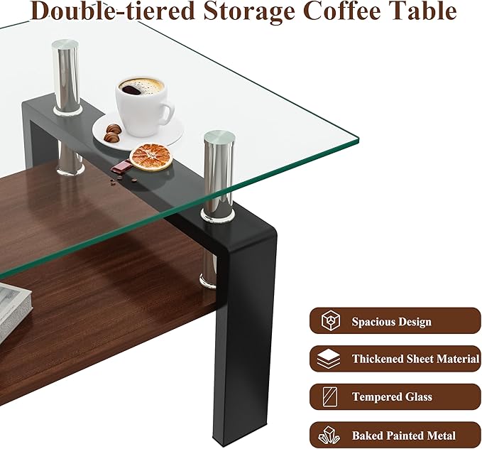 Tempered Glass Coffee Table Rectangle Living Room Center Table, with 39" Clear Top and Brown MDF Layer Black Metal Leg, for Small Space Apartment, Transparent+Brown