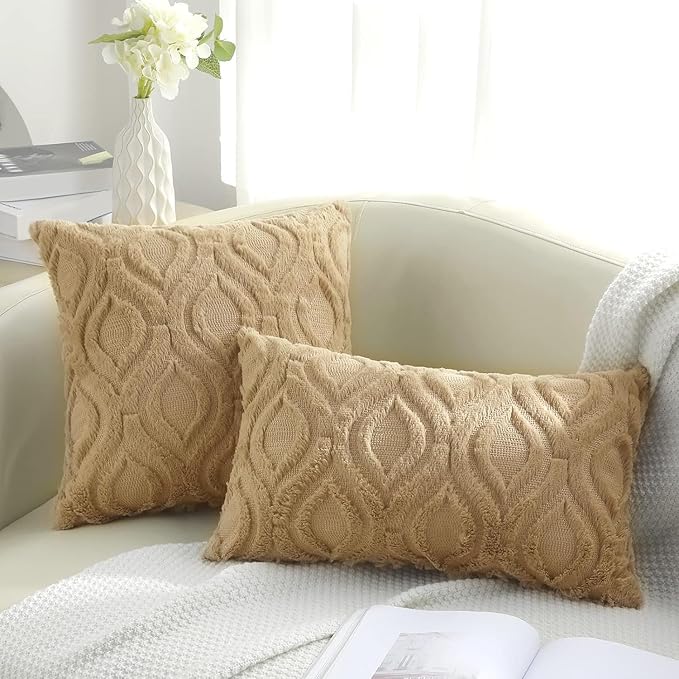 decorUhome Throw Pillow Covers 12x20 Inch Set of 2, Soft Plush Decorative Faux Fur Light Brown Solid Couch Pillow Covers, Accent Farmhouse Neutral Lumbar Euro Pillow Cases for Sofa Bed Living Room