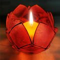 Blooming Lotus Capiz Shell Tealight Candle Holder, Handcrafted Decorative Tea Light Candleholder with Translucent Flower Petals for Ambient Illumination and Natural Elegance, Red