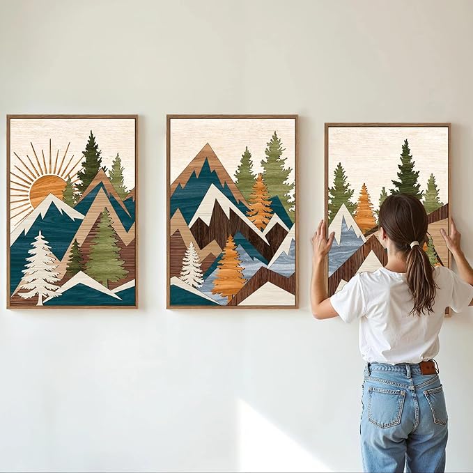 Tinonedraw Large Metal Mountain Framed Canvas Wall Art, Boho Rustic Sunrise Forest Wall Decor, 3 Piece Modern Nature Artwork, Vintage Wilderness Art Print for Living Room Bedroom Office 24"x36"x3