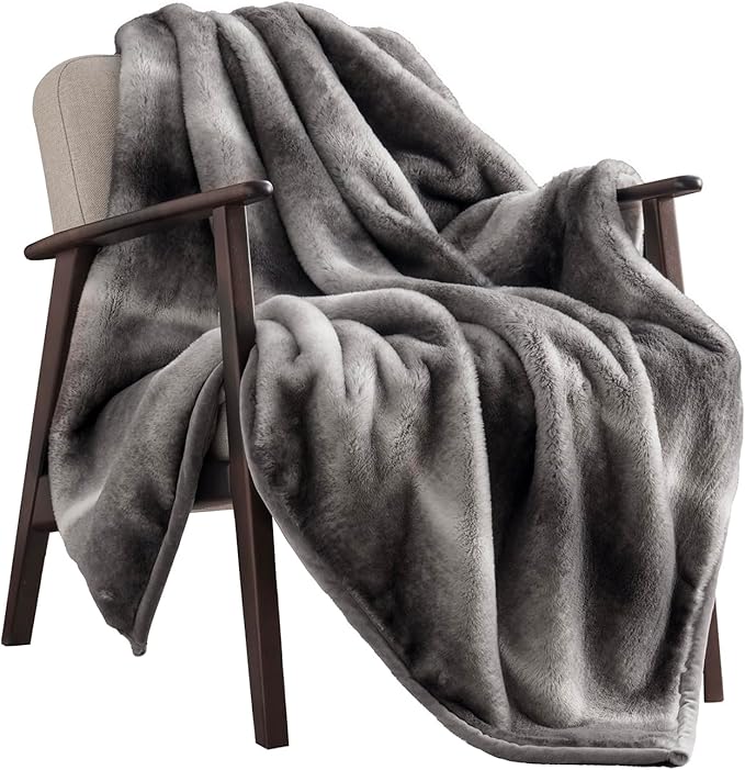 Ultra Soft Luxury Fluffy Mink Faux Fur Throw Blanket, Thick Warm Fall Winter Blankets for Bed, Couch, Cozy Plush Reversible Blanket for Chair, Sofa (Ombré Silver Onyx, 50"x60")