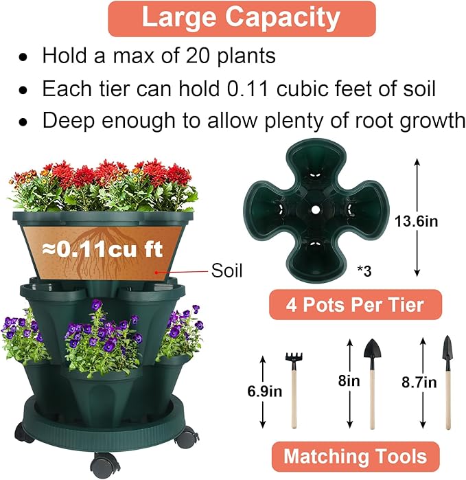 Vertical Planter 3 Tier Stackable Planters Garden Planters Strawberry Herb Flower and Vegetable Planter Indoor Outdoor Gardening Pots with Removable Wheels and Tools