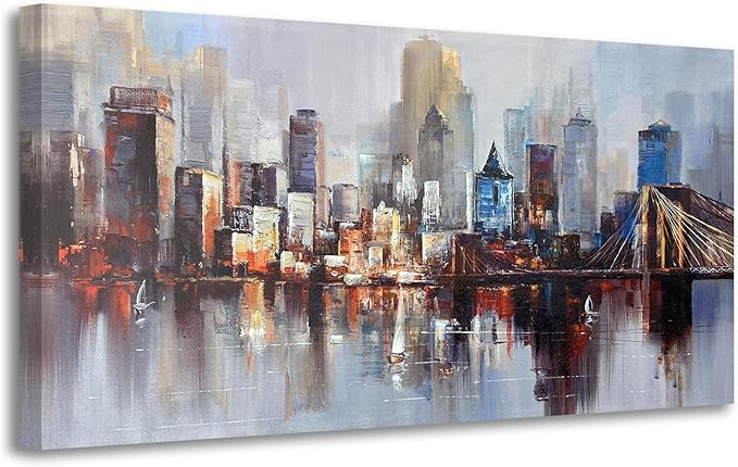 Arjun Brooklyn Bridge Wall Art Modern New York City Abstract Canvas Cityscape Painting, NYC Skyline Textured Picture for Living Room Bedroom Home Office Wall Decor Extra Large Size Framed 58"x29"