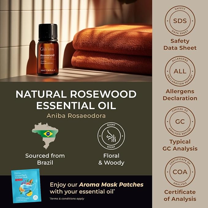 Gya Labs Rosewood Essential Oil for Skin - 0.34 Fl Oz - 100% Pure Natural Rosewood Oil for Diffuser & Aromatherapy, Massage, Candle Making Scent