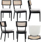 Rattan Dining Chairs Set Of 2 , Mid Century Modern Black Wooden Cane Back Chairs with Removable Linen Cushion , Retro Farmhouse Upholstered Kitchen & Dining Room Chairs for Restaurant Living Room