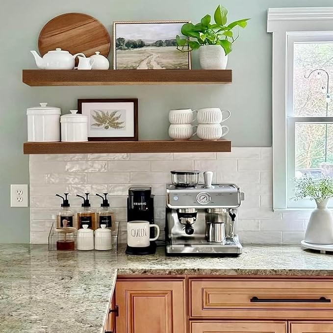IAE Walnut Floating Wall Shelves 24 inch, Bathroom Shelves Wall Mounted,Invisible Shelves Floating Kitchen Shelves,Wooden Wall Shelves with Brackets for Living Room Wall Mounted,Easy Install,Set of 2