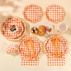 175 Pcs Orange and White Gingham Party Supplies - Orange Gingham Paper Plates and Napkins Sets Serve 25 - Scalloped Checkered Plates for Birthday Picnic Fall Halloween Thanksgivng Party Decorations